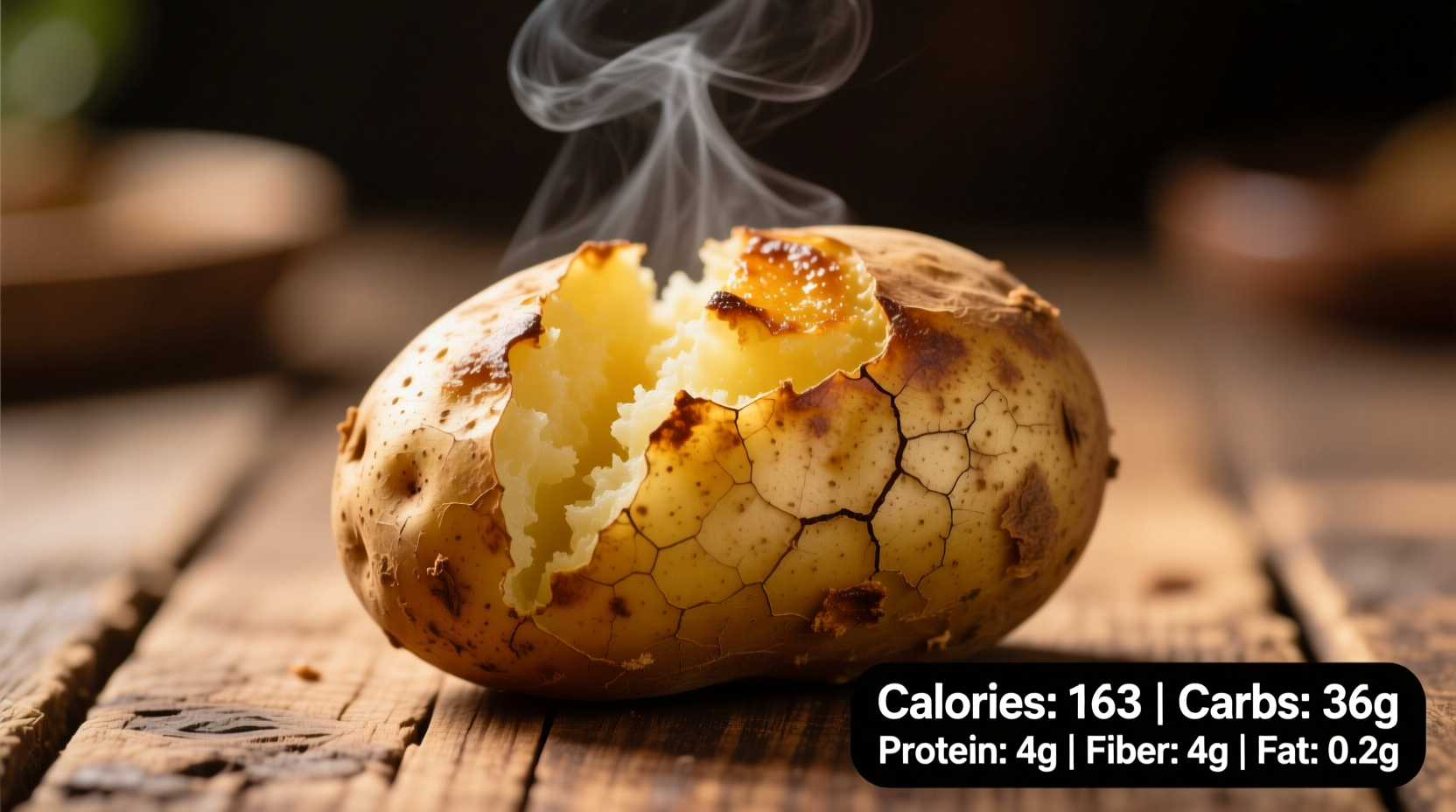 Medium baked potato with skin showing nutritional breakdown