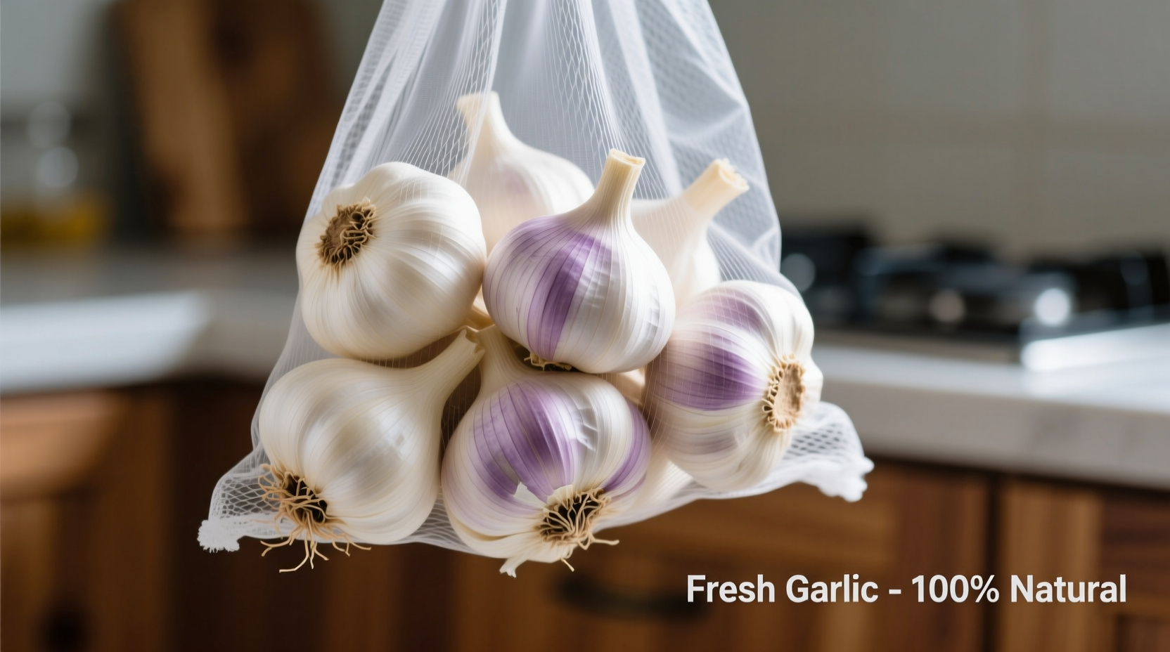 Fresh garlic cloves in mesh storage bag