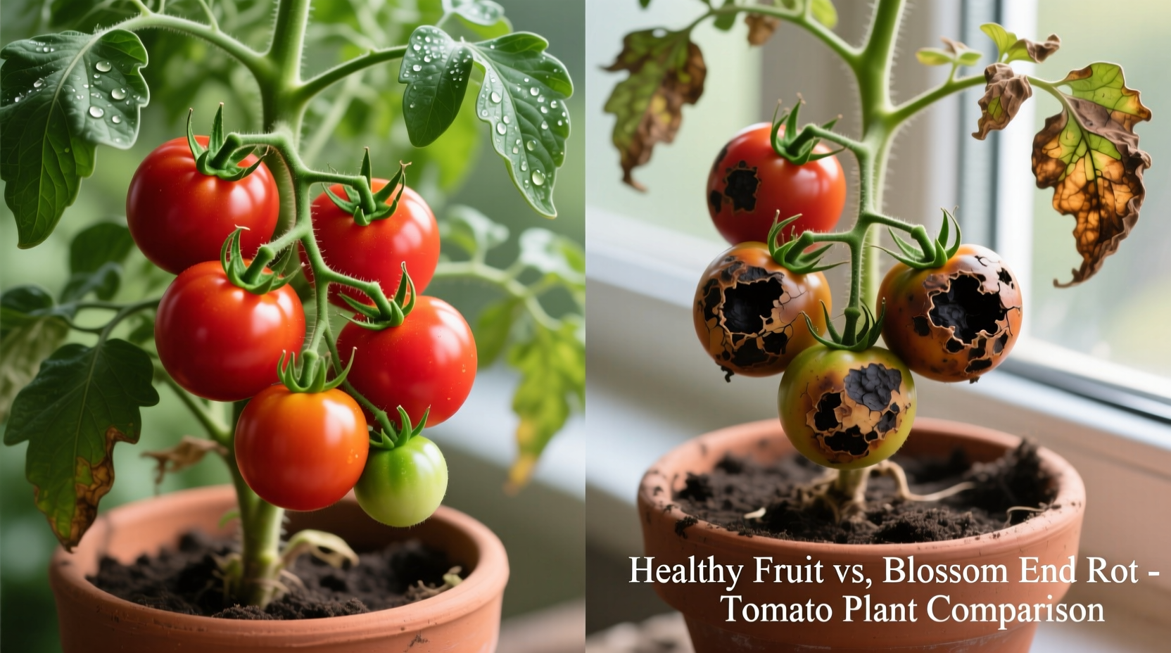 Tomato plant showing healthy fruit versus blossom end rot