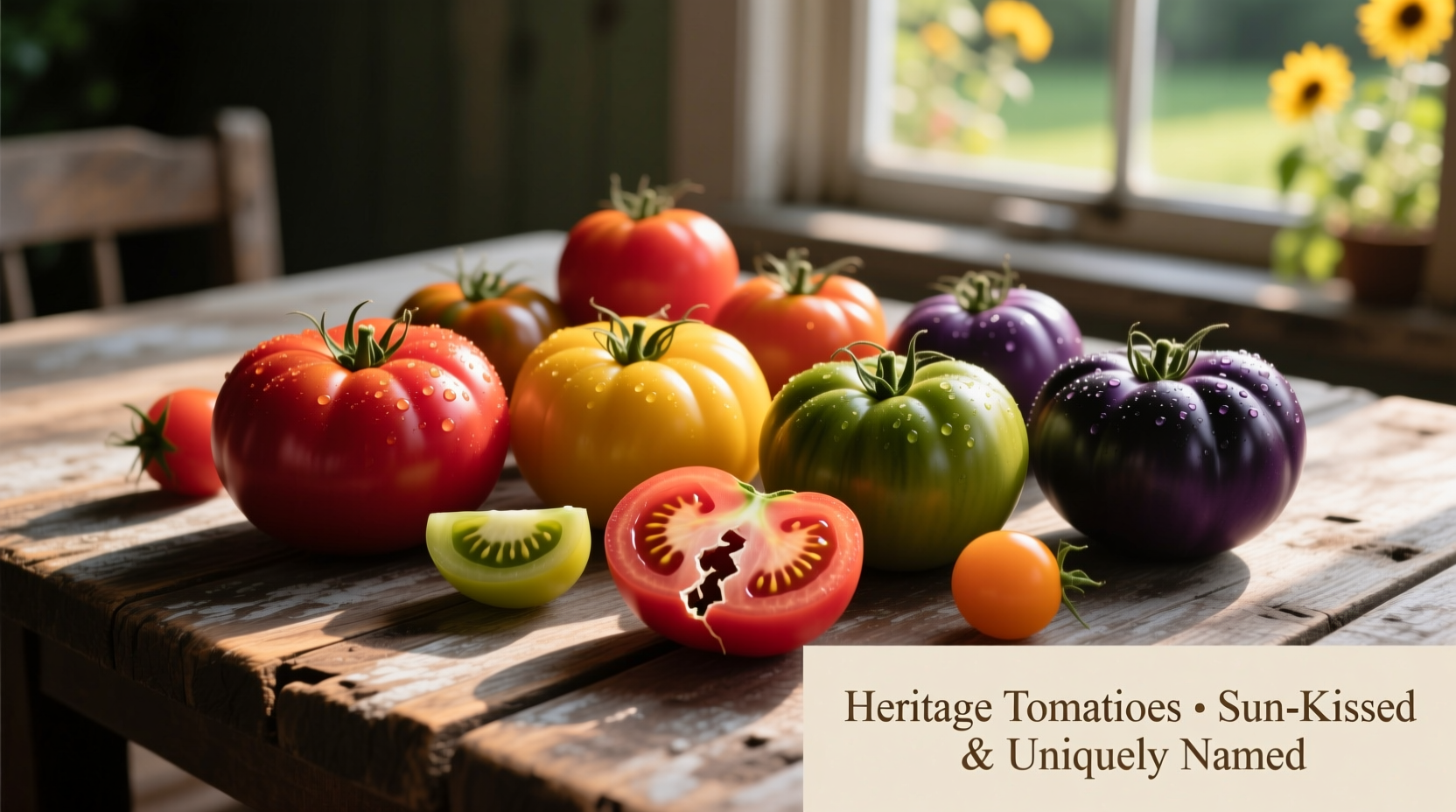 Colorful assortment of heritage tomatoes on wooden table