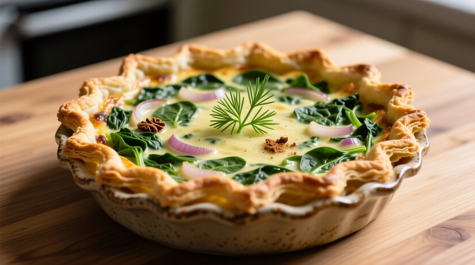 Golden vegetarian spinach quiche with flaky crust