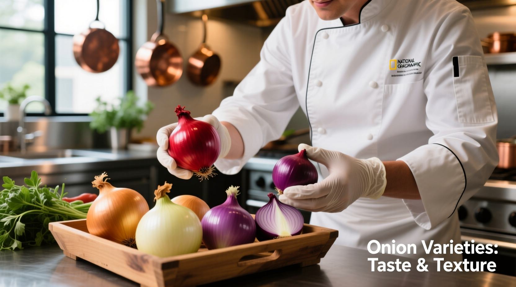 Professional chef selecting different onion varieties
