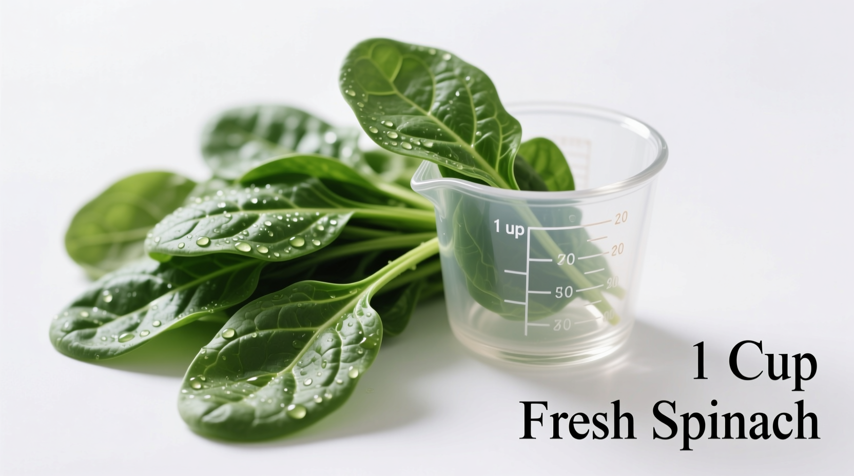 Fresh spinach leaves on white background with measuring cup