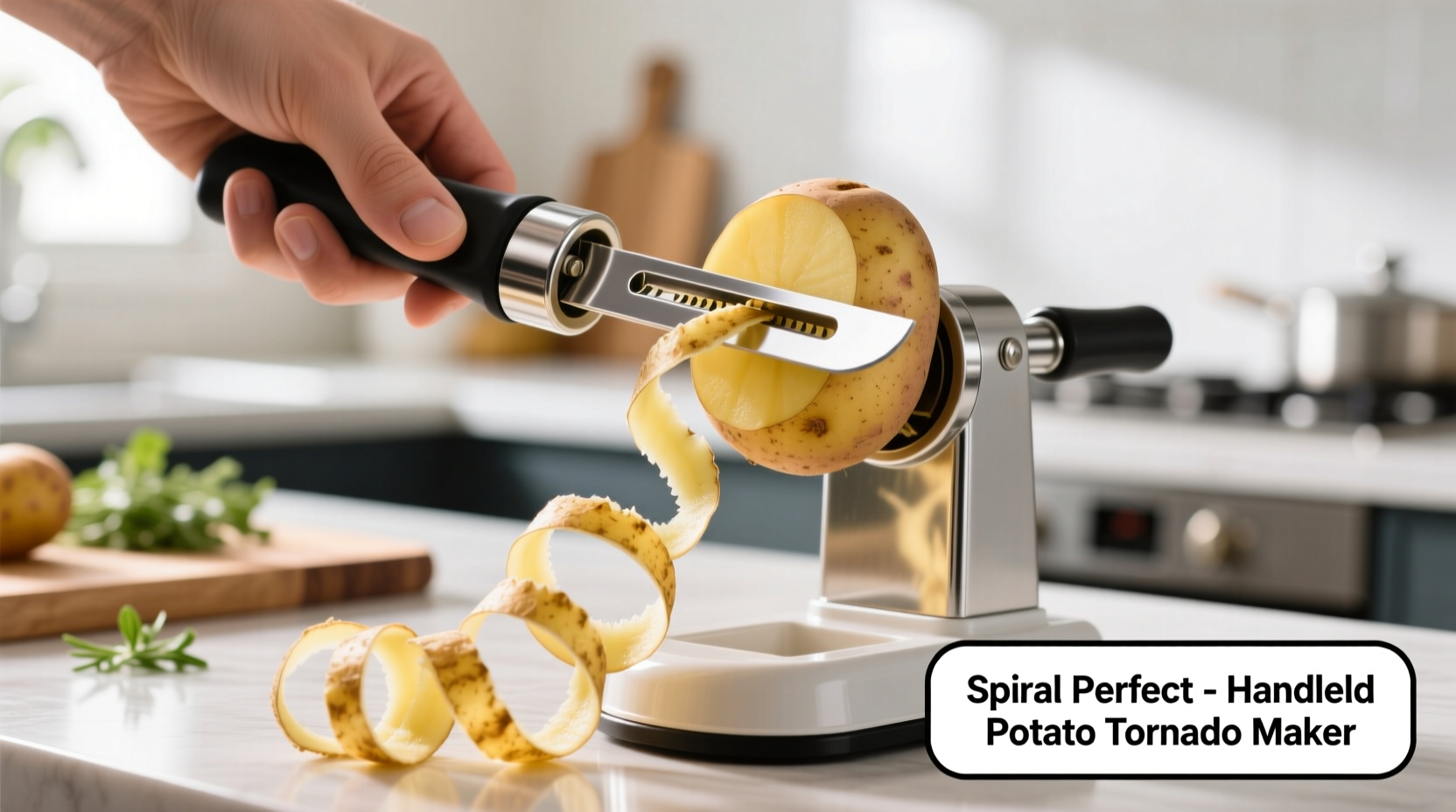 Handheld potato tornado maker creating spiral cut