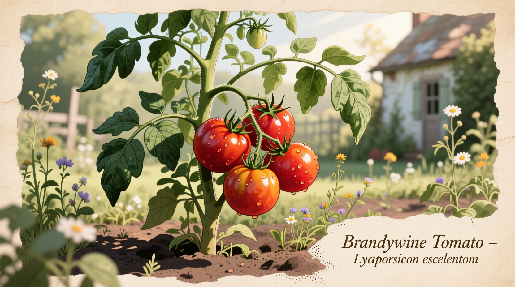 Brandywine tomato plant with ripe fruit in garden setting