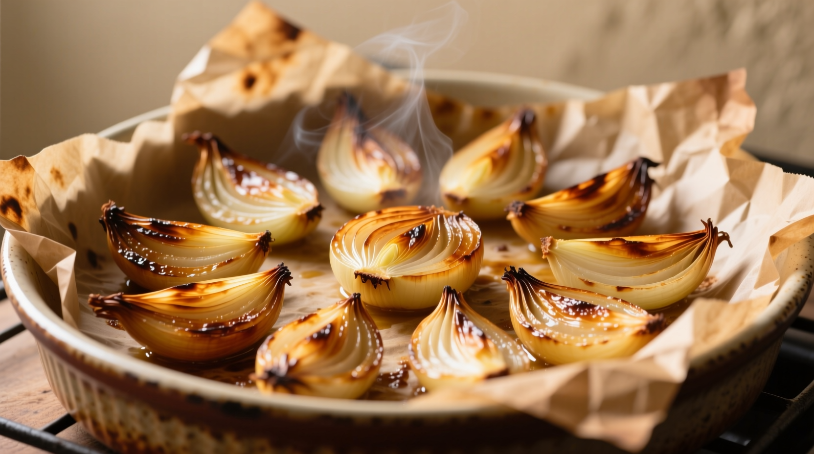 Golden baked onion wedges on parchment paper