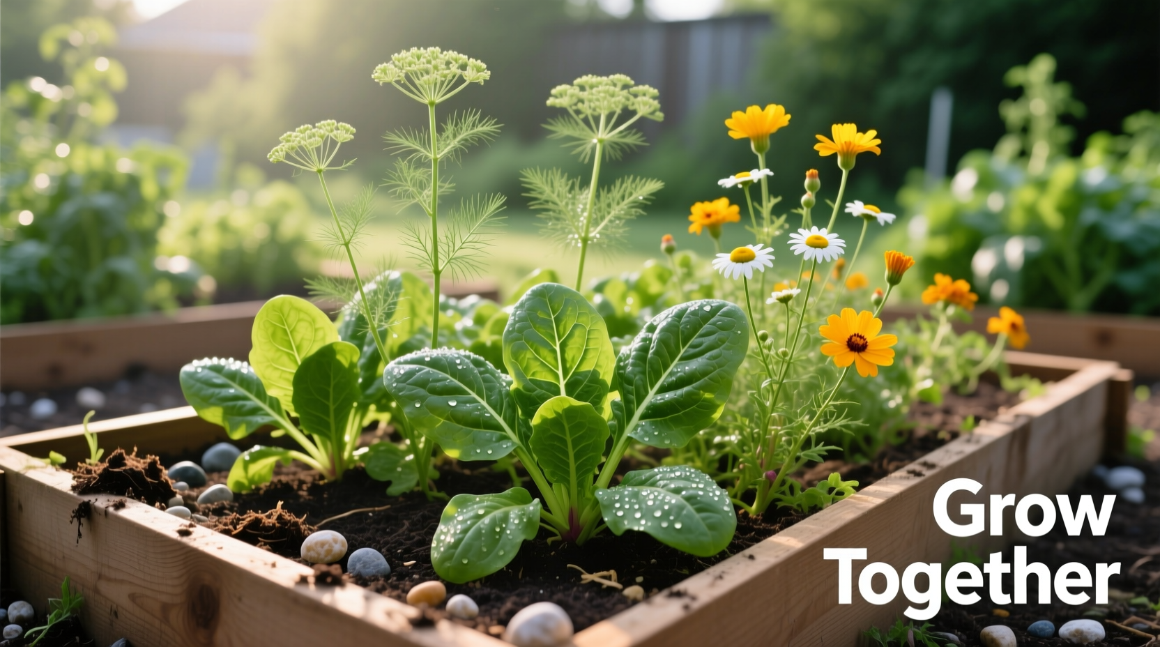 Spinach growing with companion plants in garden