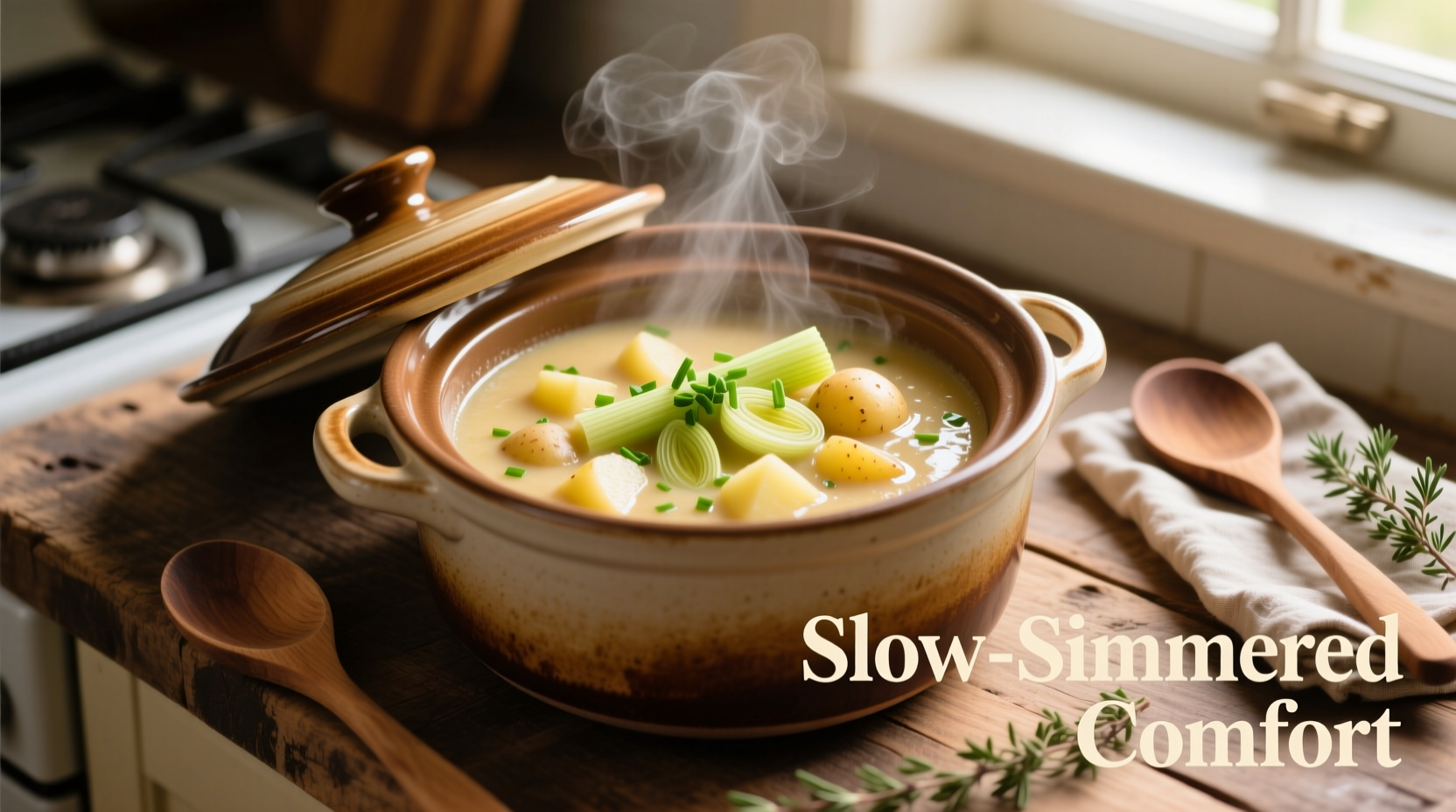 Creamy leek and potato soup in slow cooker