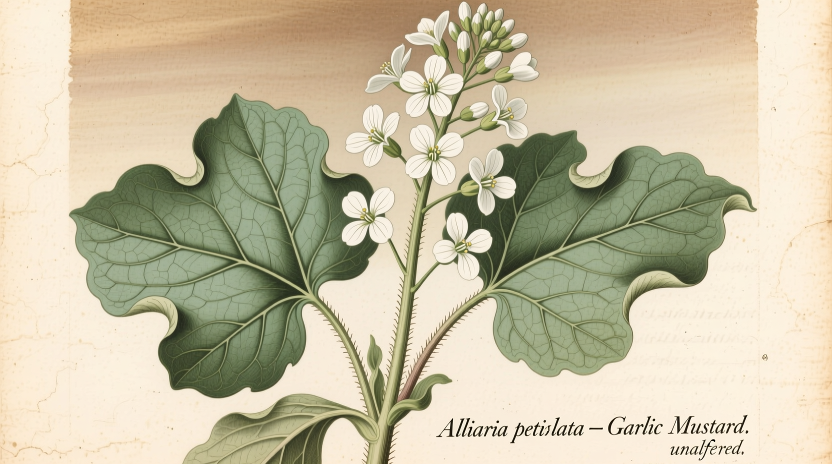 Garlic mustard plant showing heart-shaped leaves and white flowers