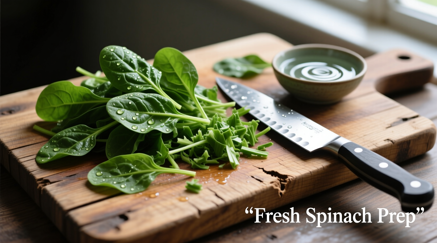 Fresh spinach preparation techniques on wooden cutting board