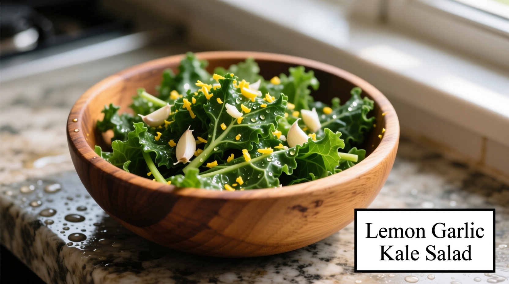 Freshly prepared lemon garlic kale salad in wooden bowl