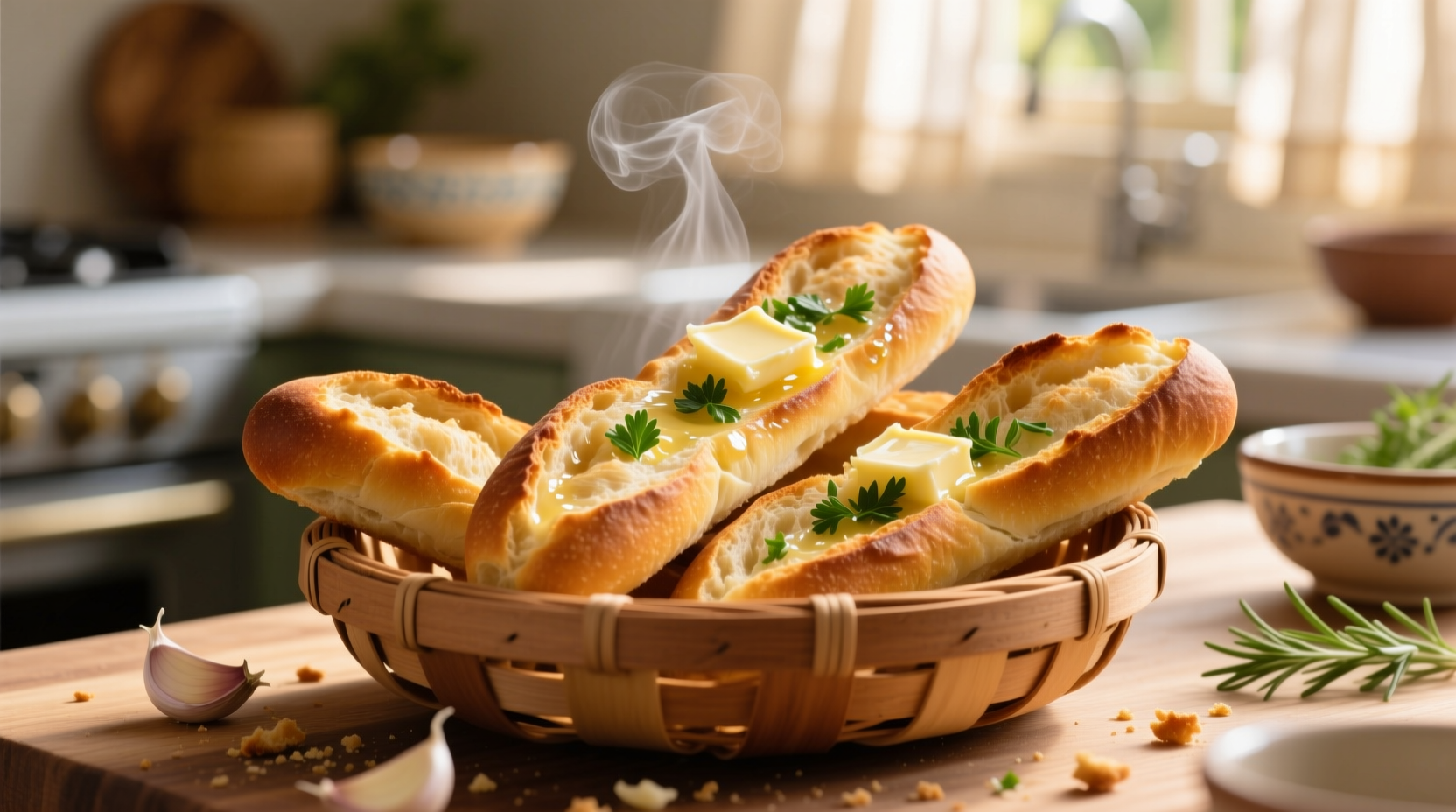 Golden brown garlic breadsticks fresh from oven