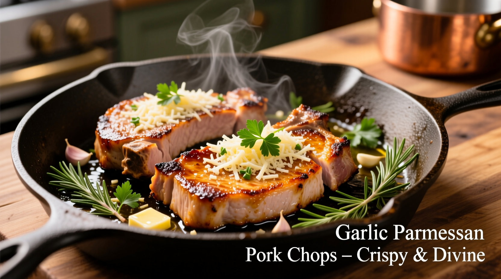 Golden garlic parmesan pork chops with fresh herbs
