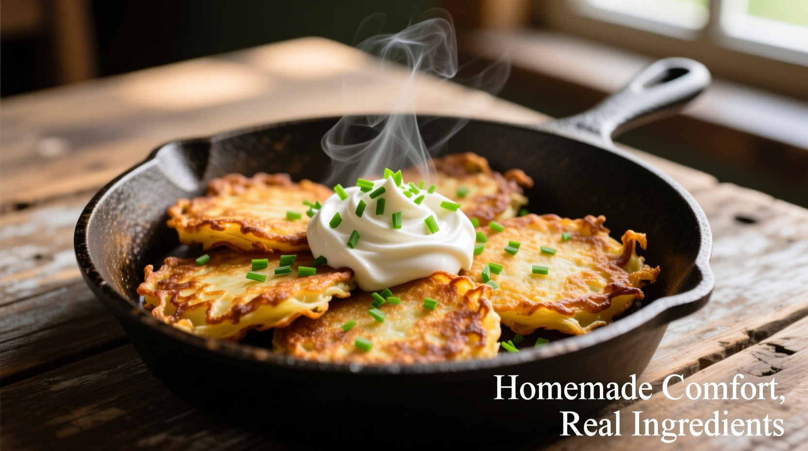 Golden brown potato pancakes served with sour cream and chives