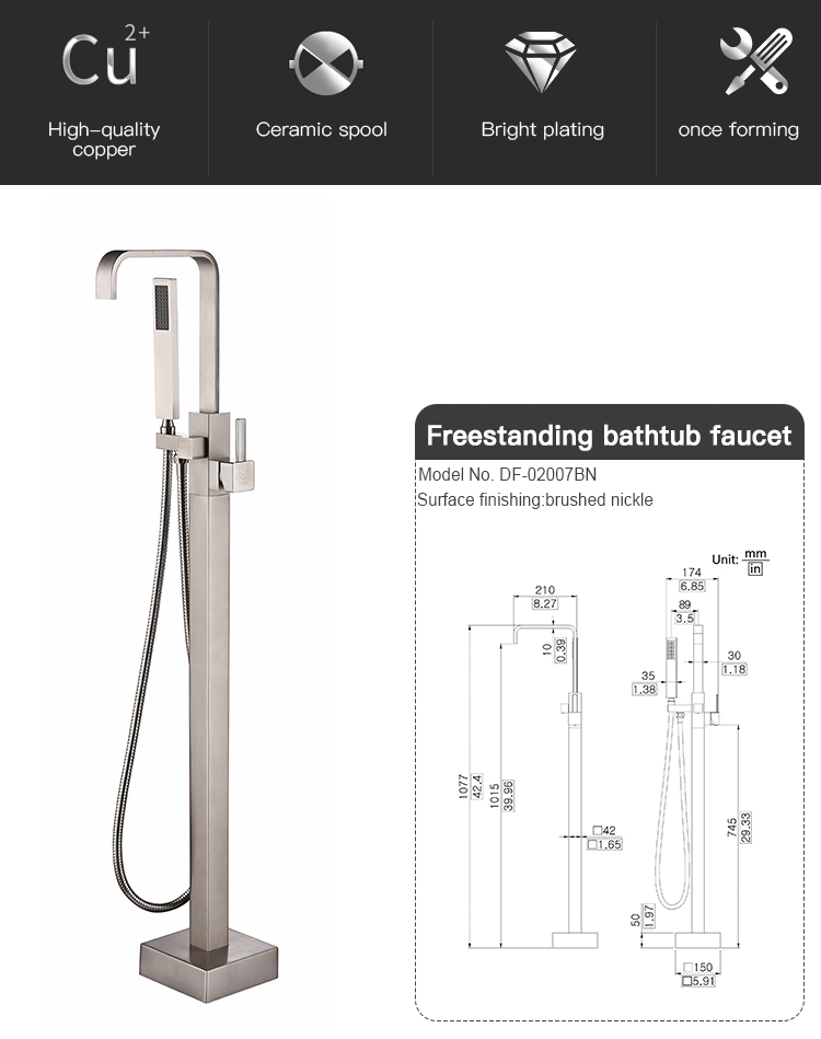 UK Bathroom Brushed Nickel Floor Mount Free Standing Bathtub Tap Faucet Shower System Set