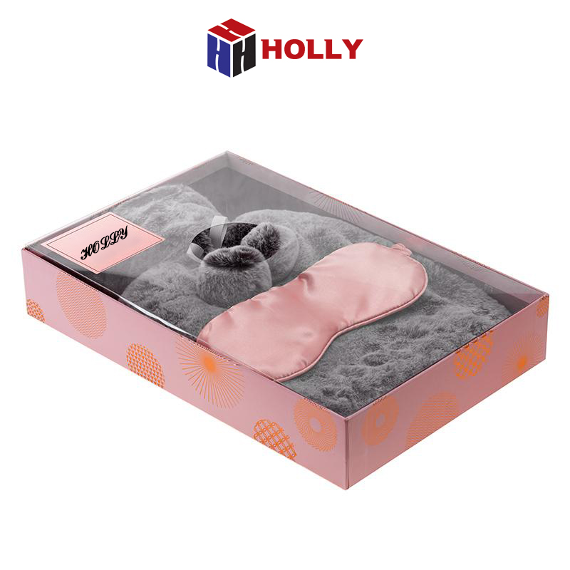gift box emulation silk eye mask and rubber hot water bottle with faux fur cover