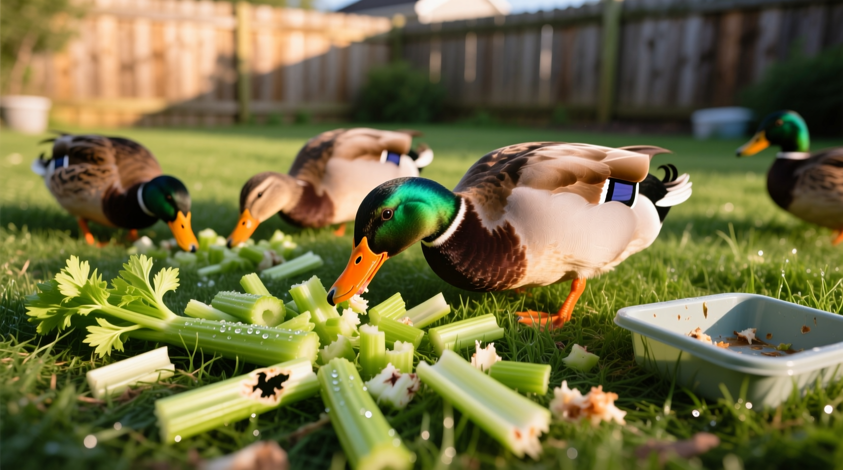 Ducks eating chopped celery in backyard setting