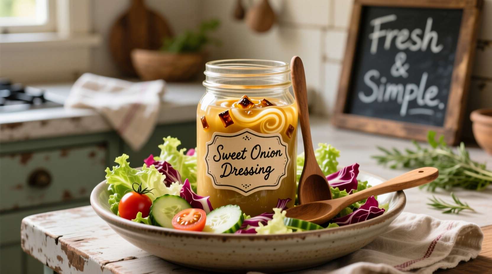 Homemade sweet onion dressing in mason jar with fresh salad