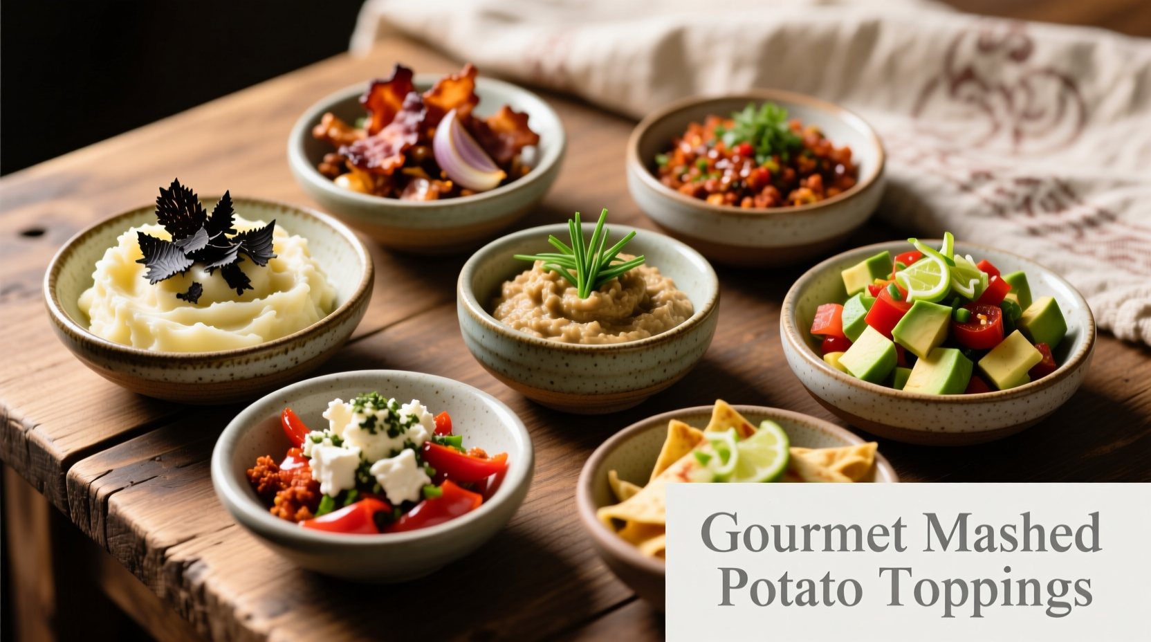 Various gourmet mashed potato toppings in small bowls