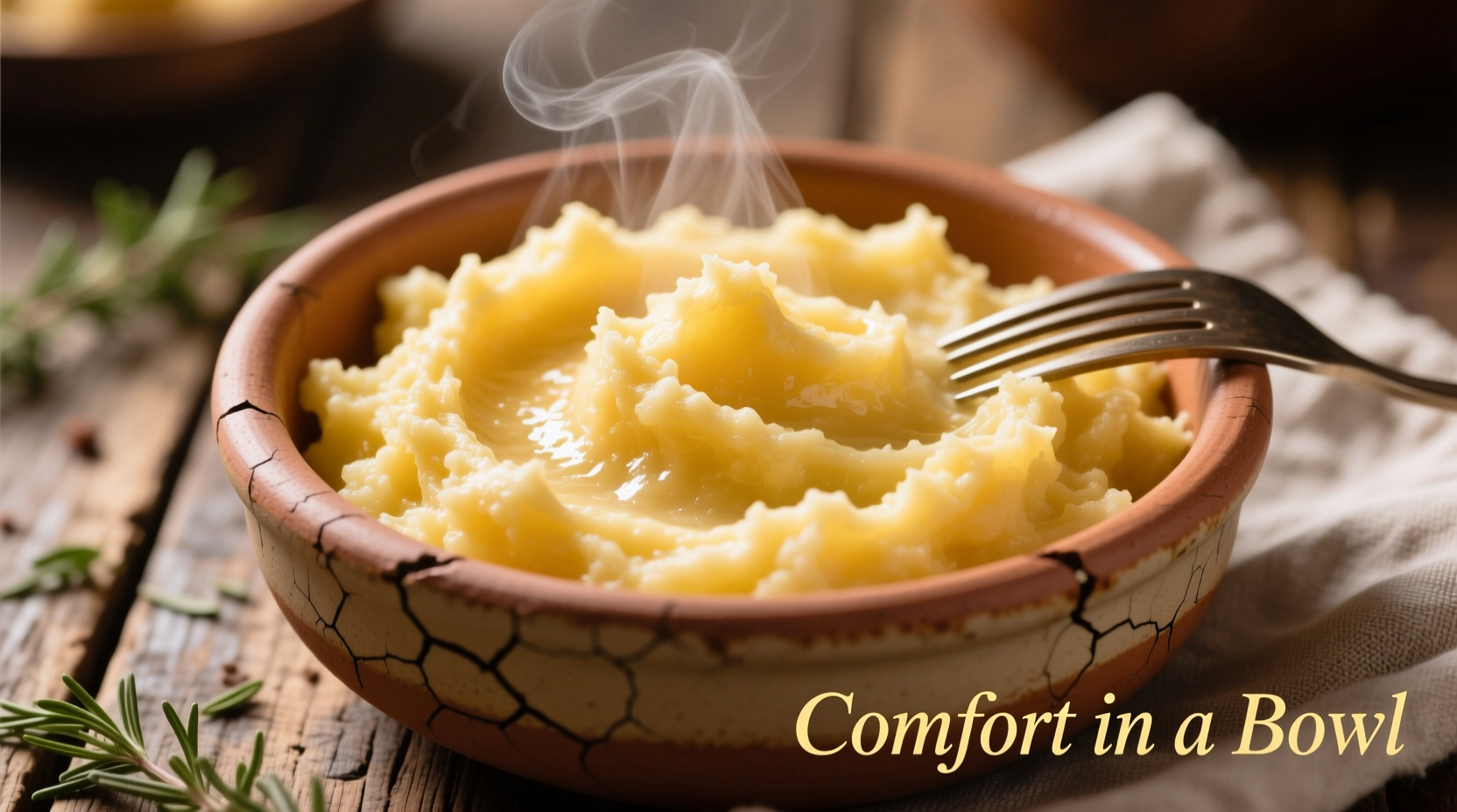 Close-up of golden instant mashed potatoes in a rustic bowl
