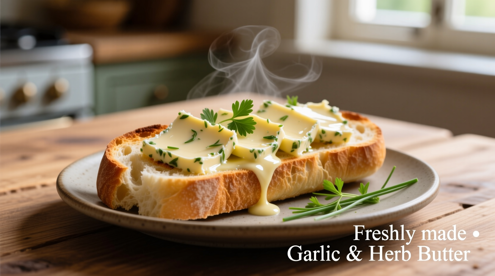 Homemade garlic herb butter sliced on warm bread
