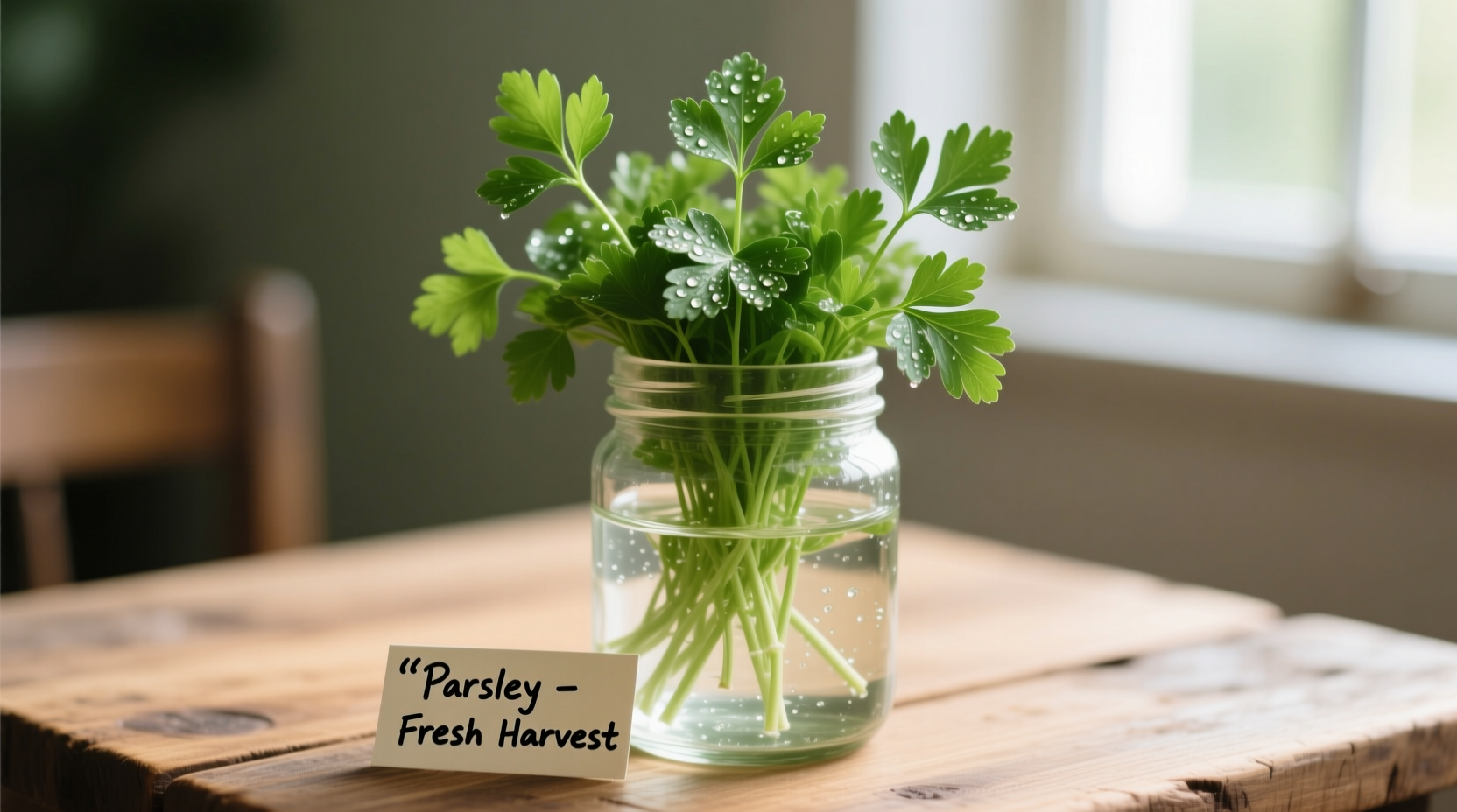 Fresh parsley stored upright in glass with water