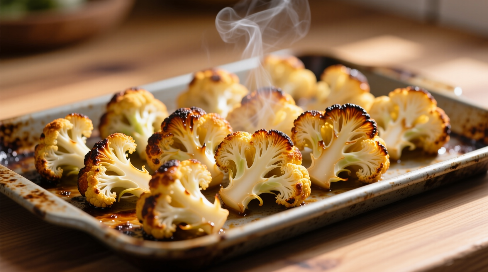 Perfectly roasted golden cauliflower florets on baking sheet