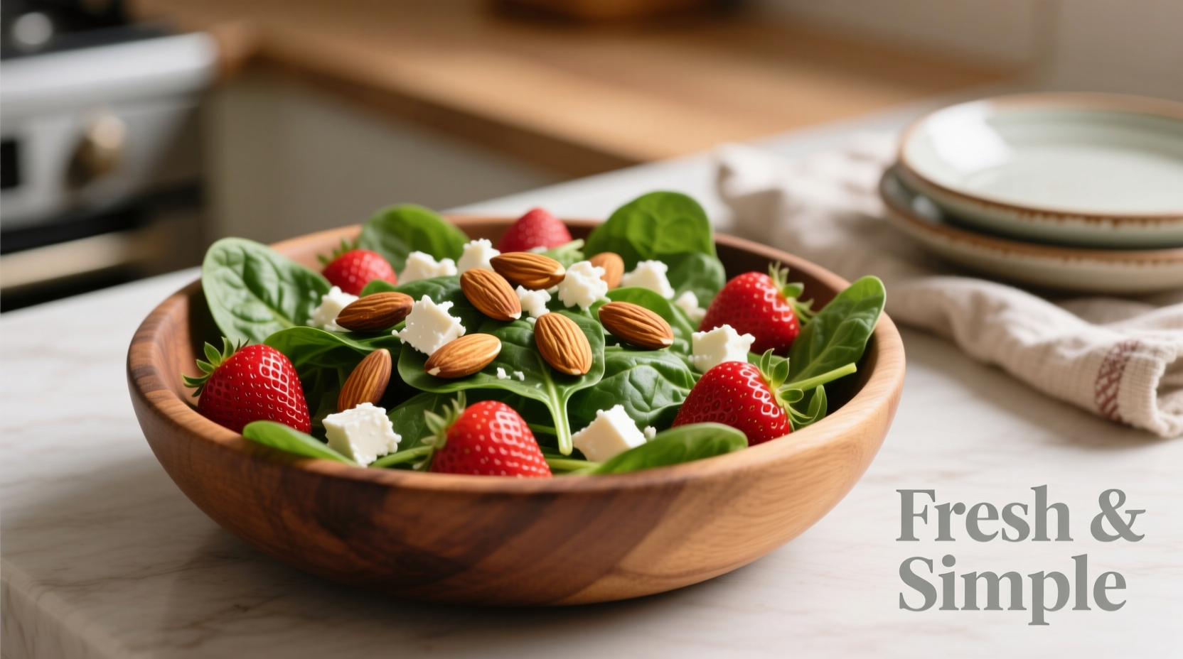 Fresh strawberry spinach salad with almonds and feta