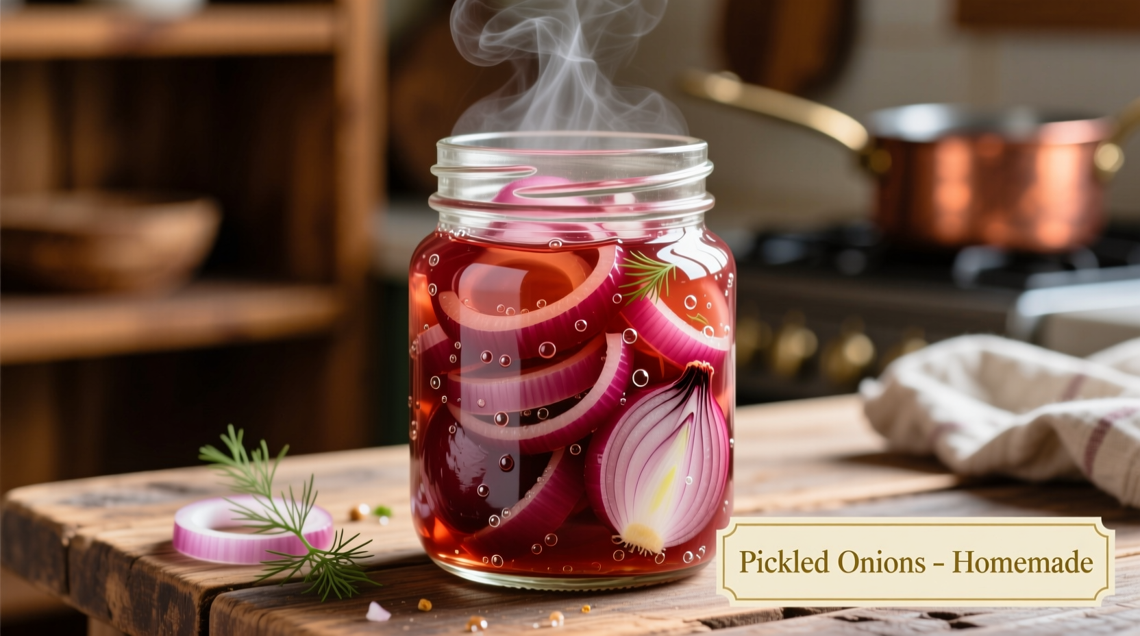 Crisp ruby red pickled onions in mason jar
