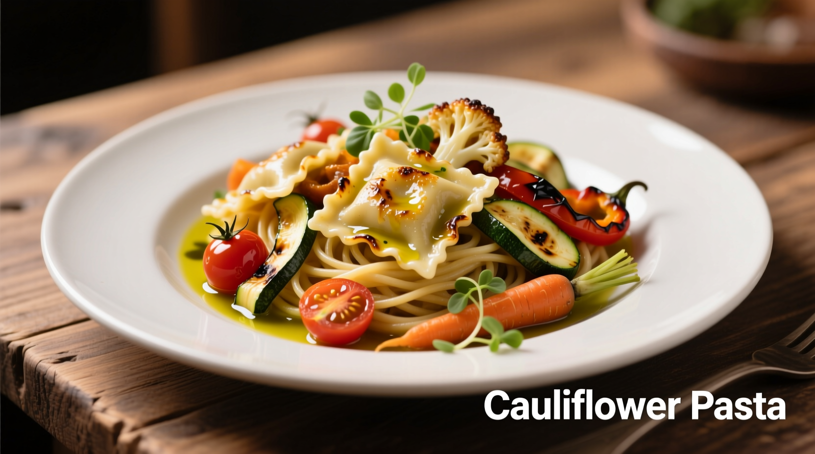 Cauliflower pasta dish with roasted vegetables