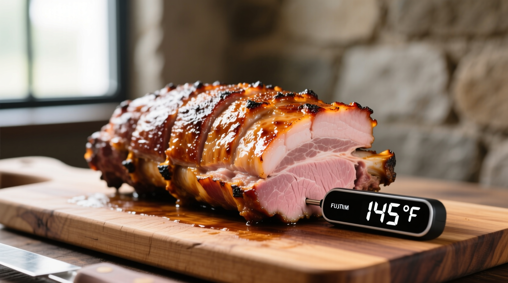 Perfectly cooked pork loin with thermometer showing 145 degrees