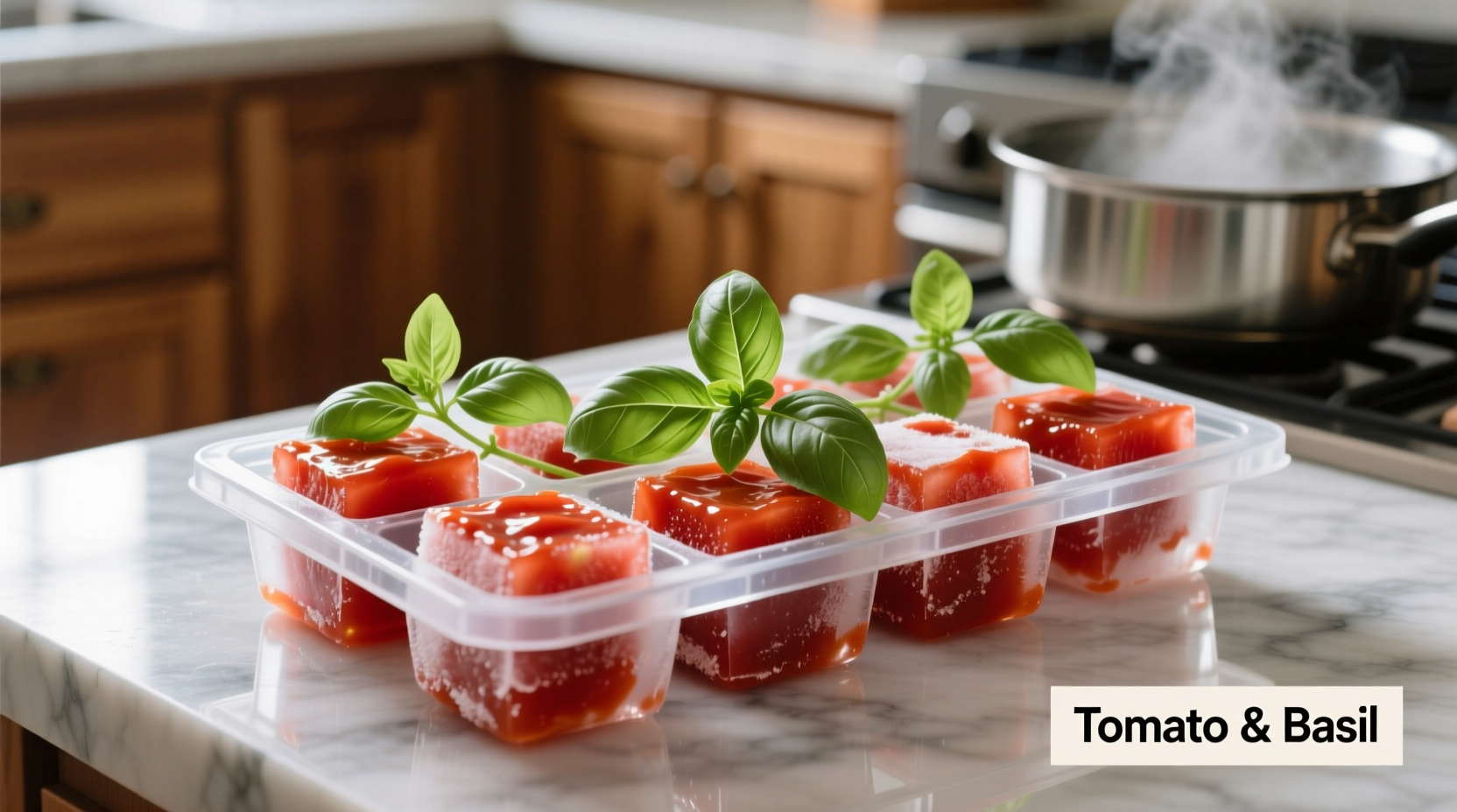 Tomato paste cubes frozen in ice tray with fresh basil