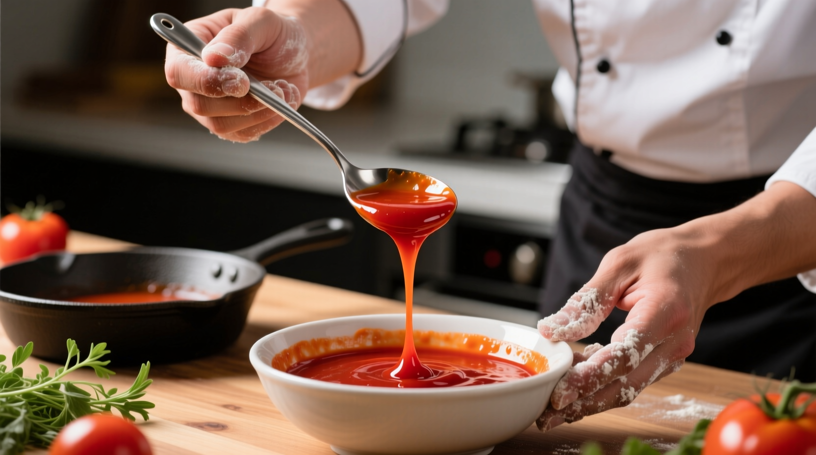 Chef testing tomato sauce viscosity with spoon