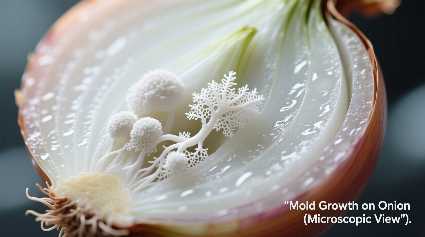 Close-up of white mould growing on onion layers