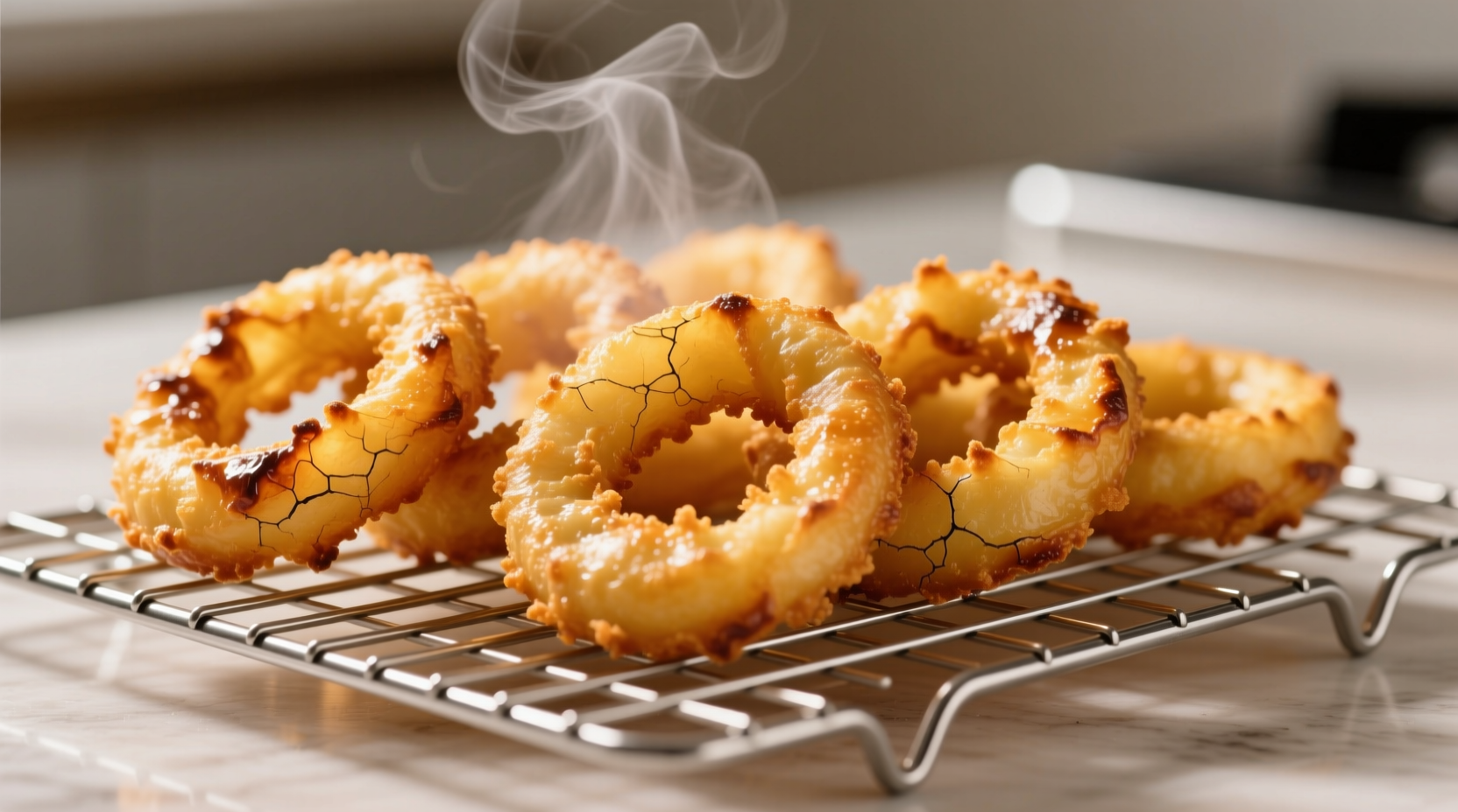 Perfectly golden oven-baked onion rings on wire rack