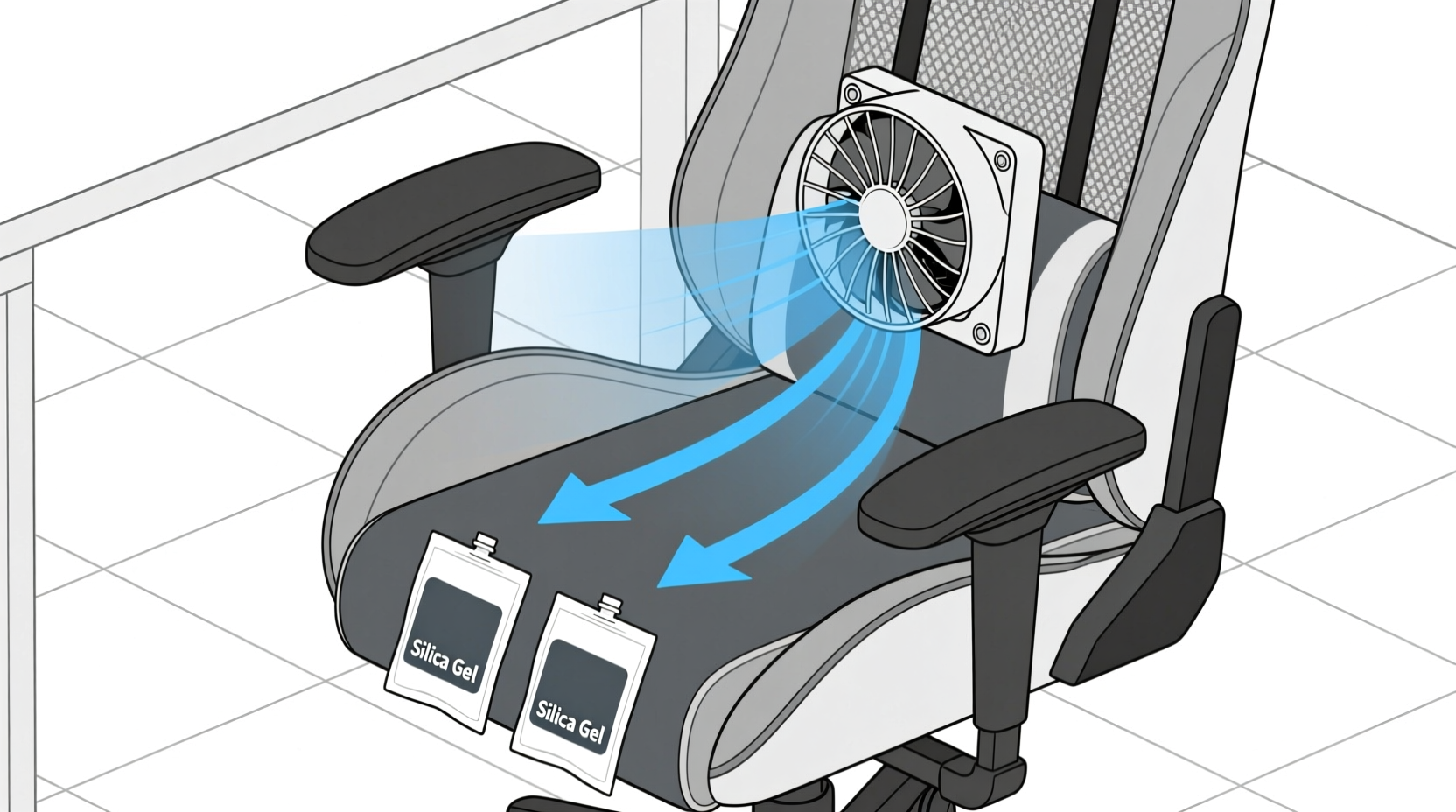 Side-view diagram showing airflow path from low-speed fan angled upward at 30 degrees toward gaming chair seat, with two silica gel pouches positioned vertically in the gap between cushion and chair base frame
