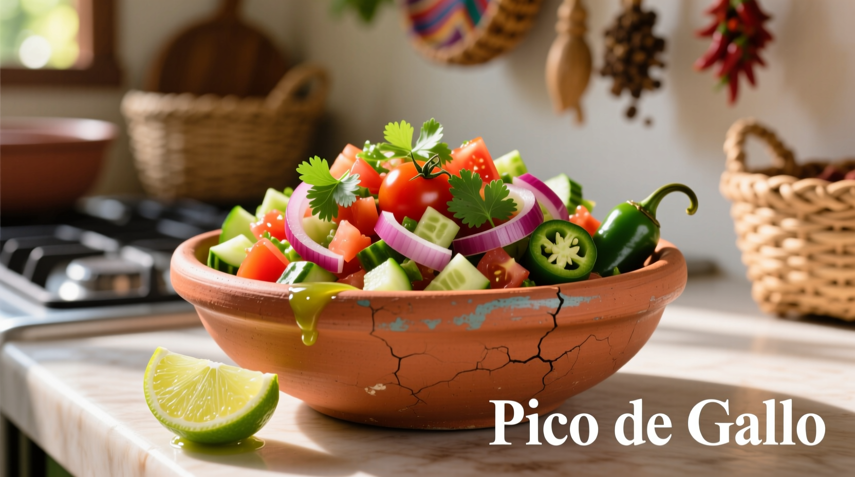 Fresh pico de gallo in traditional clay bowl