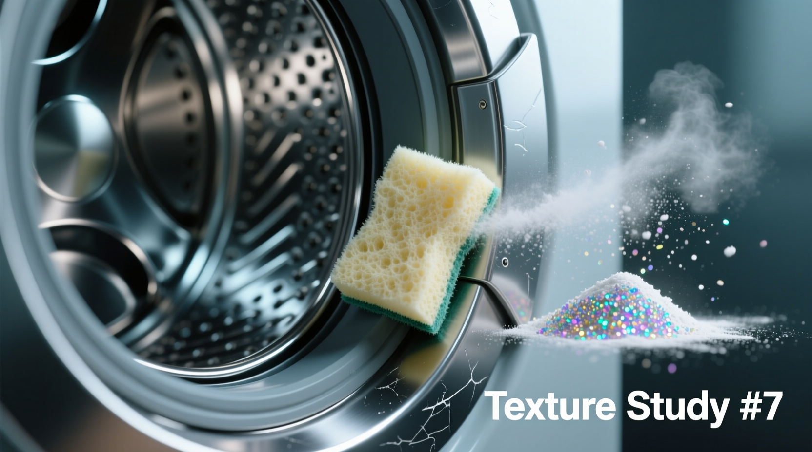 Close-up of a stainless steel washing machine drum showing directional grain lines, with a soft cellulose sponge gently wiping along the grain, next to a small pile of iridescent glitter particles being lifted by cornstarch powder