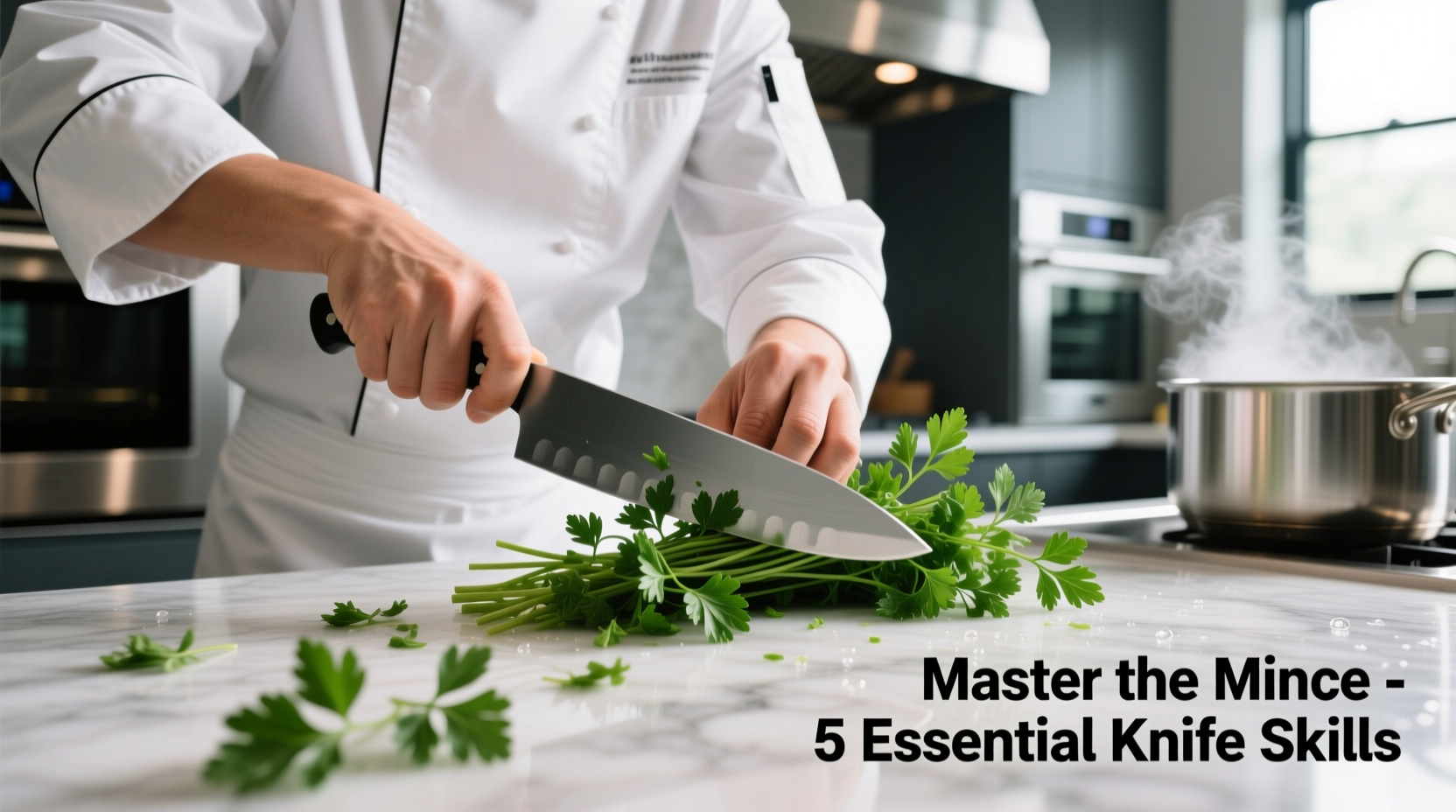 Professional chef demonstrating proper parsley cutting technique with sharp knife