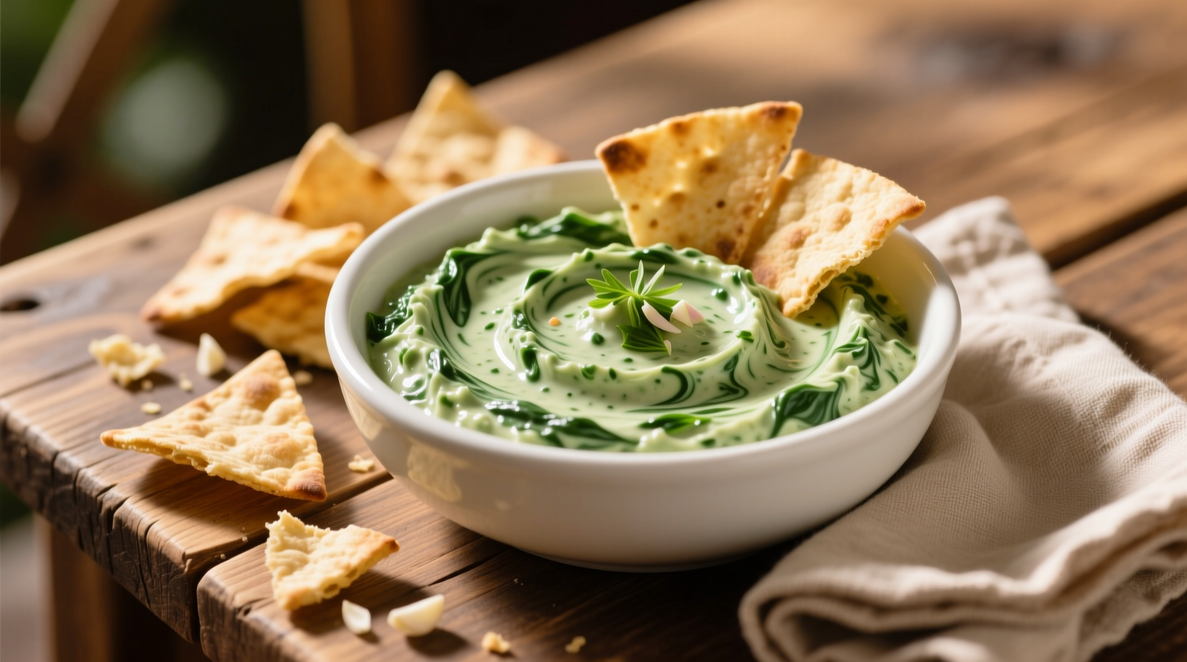 Creamy spinach dip in white bowl with pita chips
