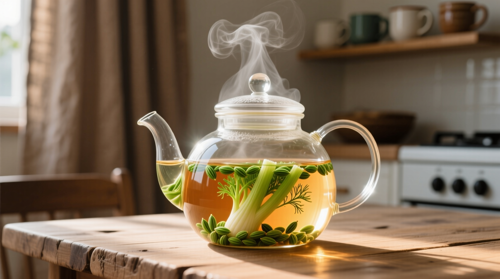 Fresh fennel seeds steeping in clear glass teapot