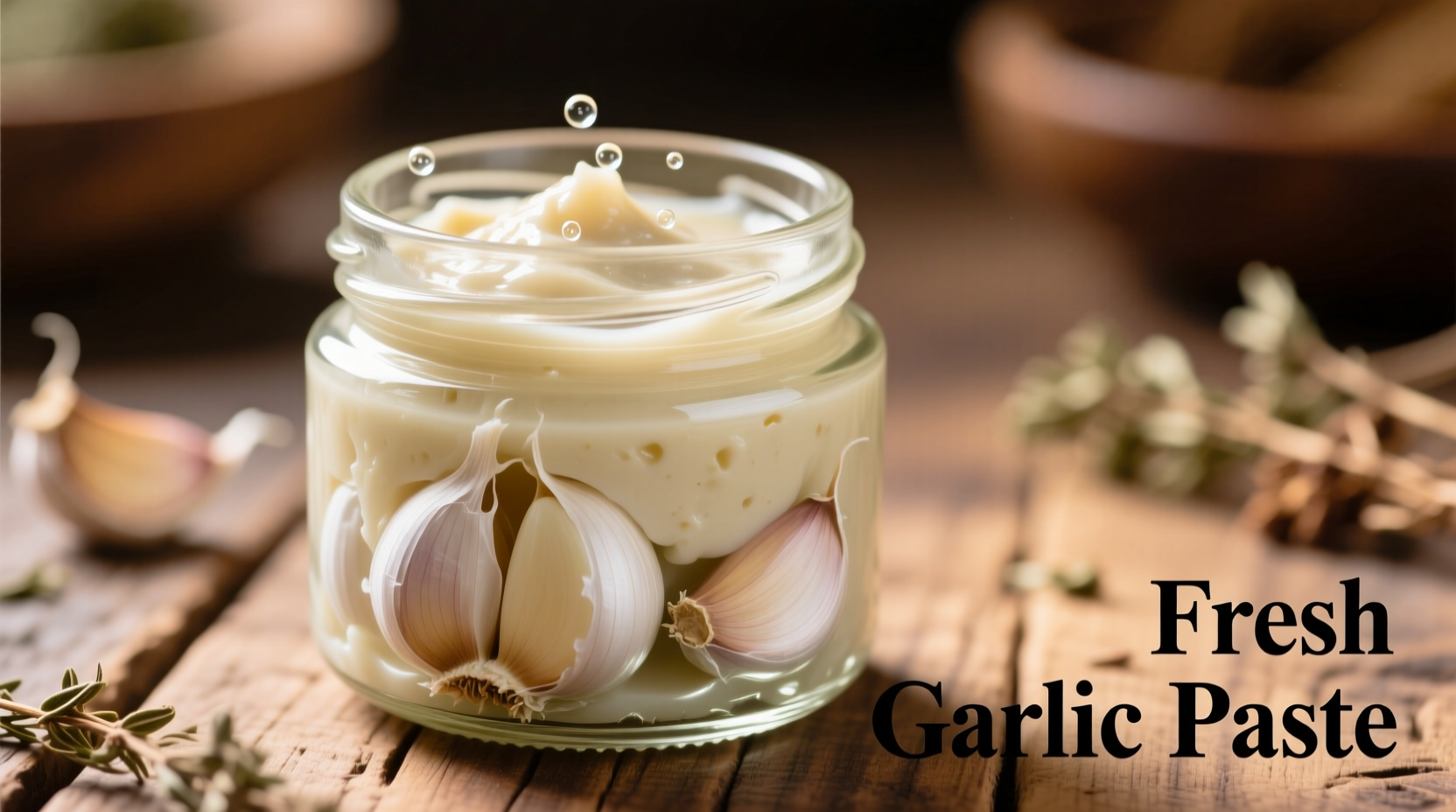 Fresh garlic paste in glass jar with cloves