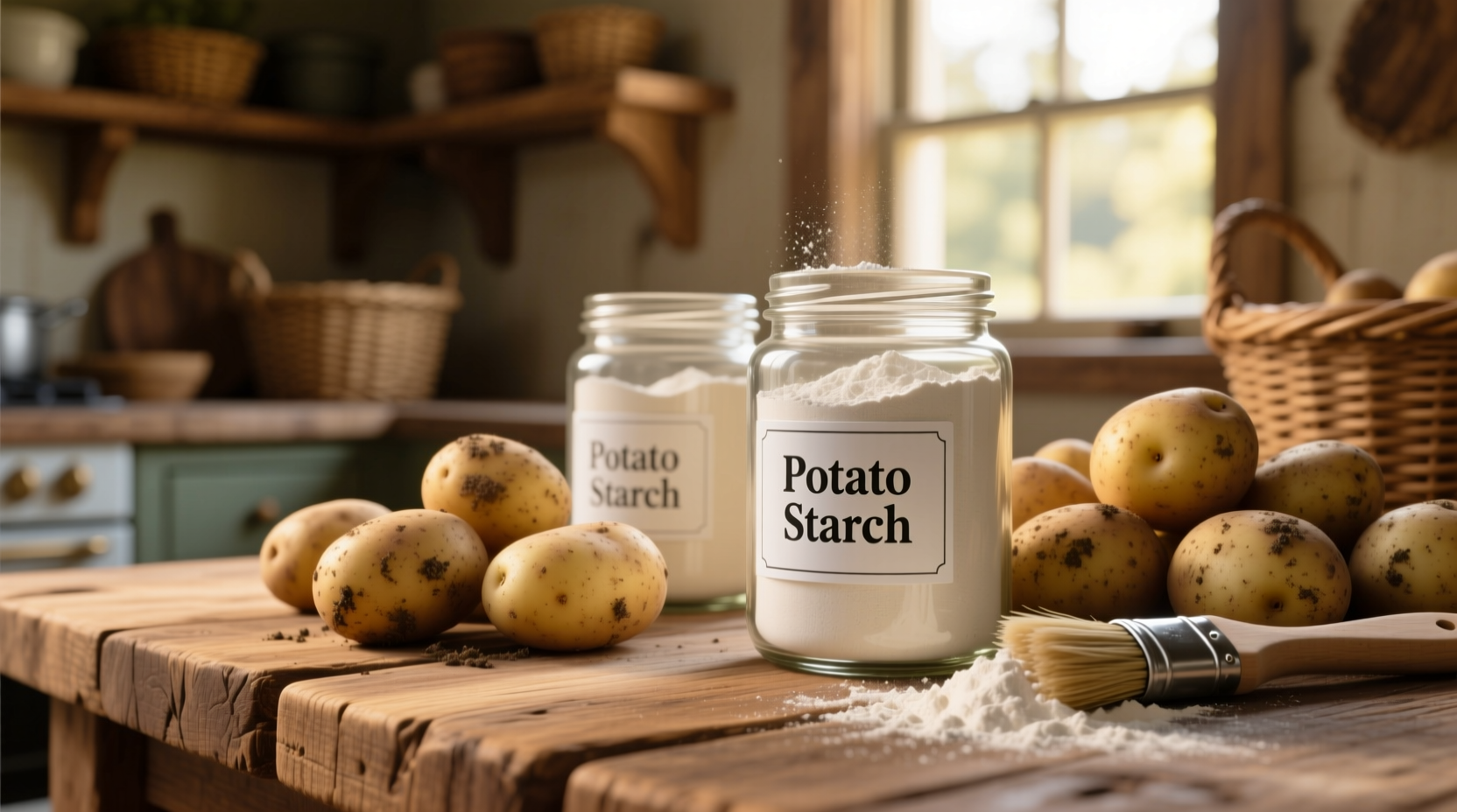 Potato starch containers next to fresh potatoes on wooden table