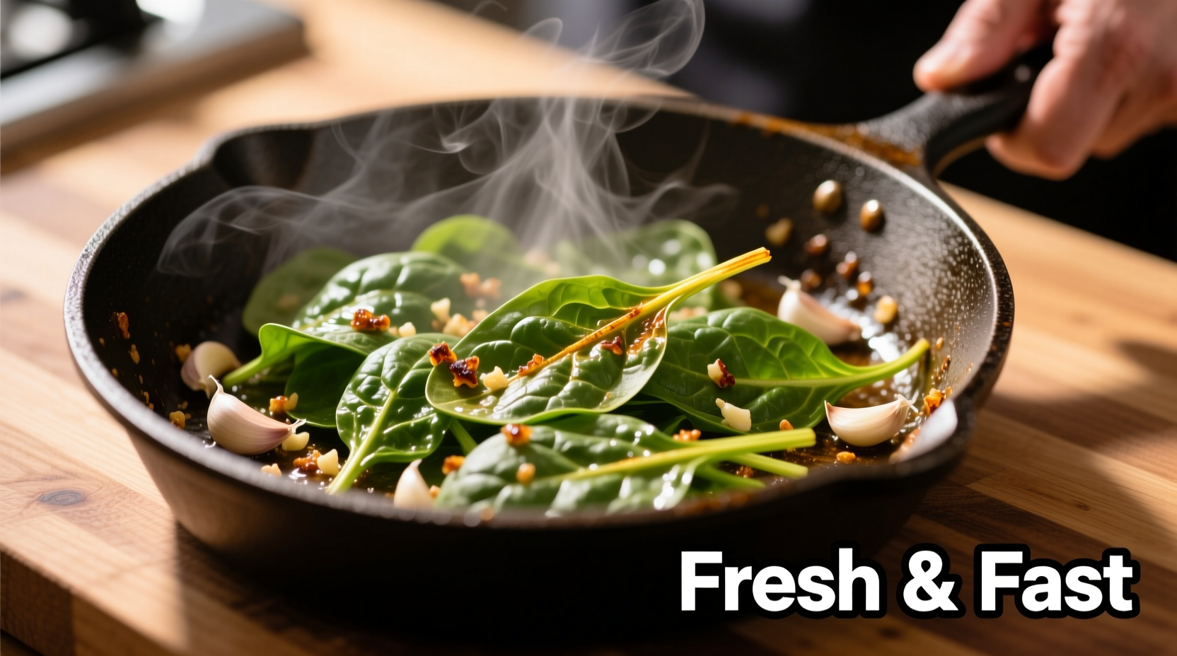 Fresh spinach sizzling in a hot skillet with garlic