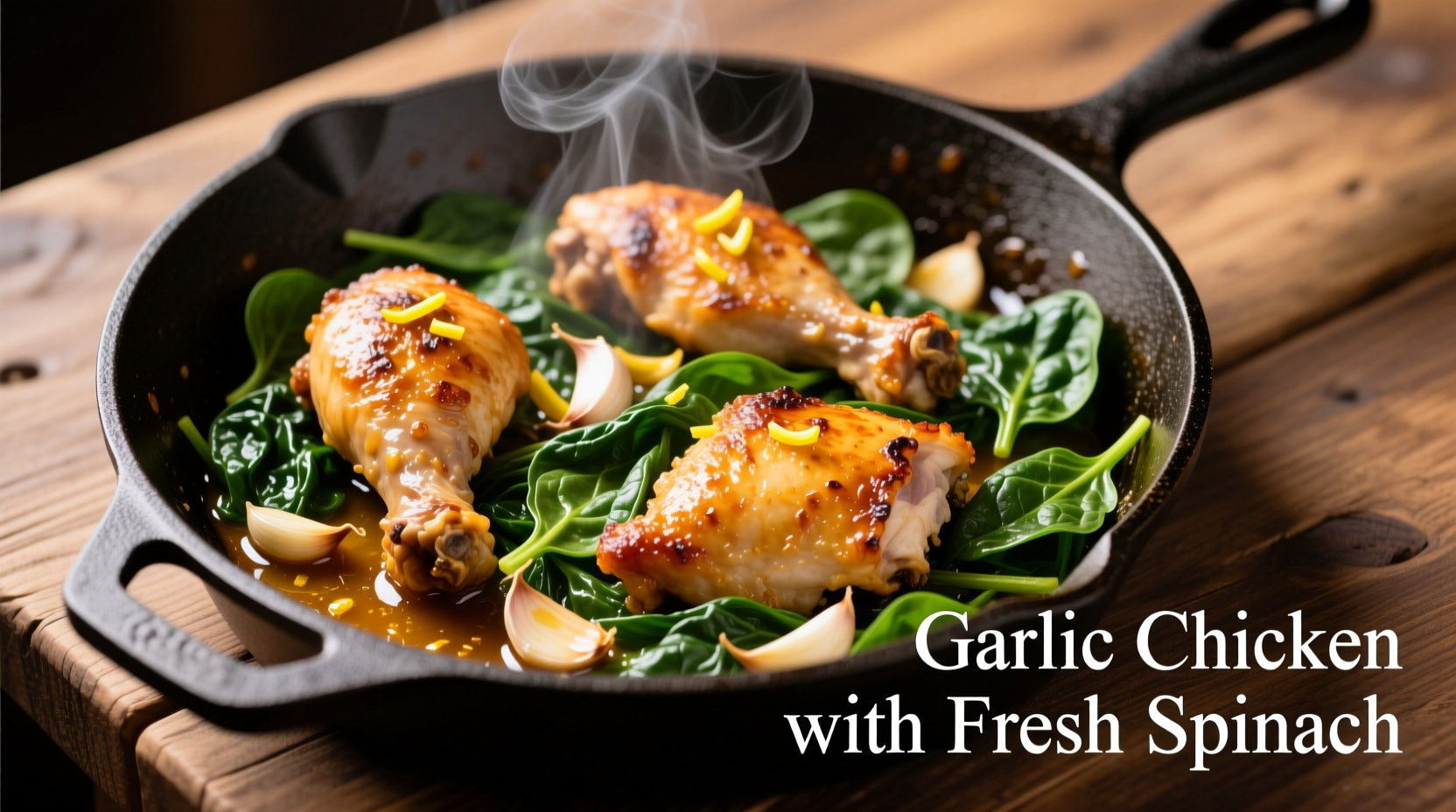 Garlic chicken with fresh spinach in skillet
