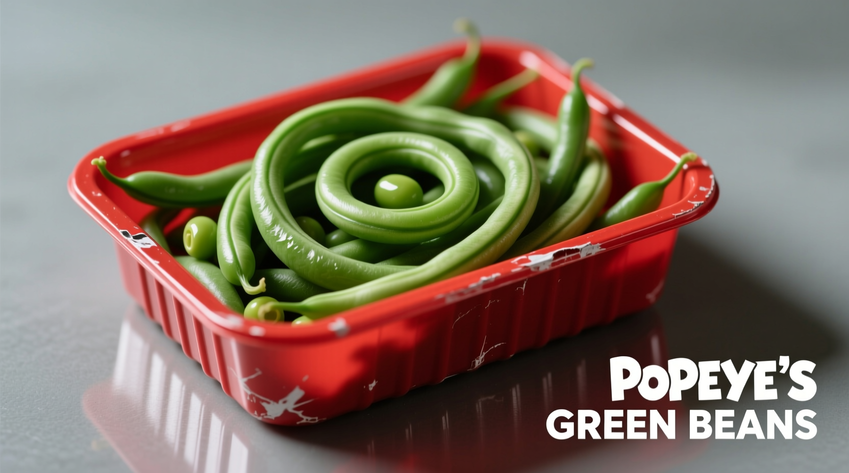 Popeyes green beans in a red plastic container