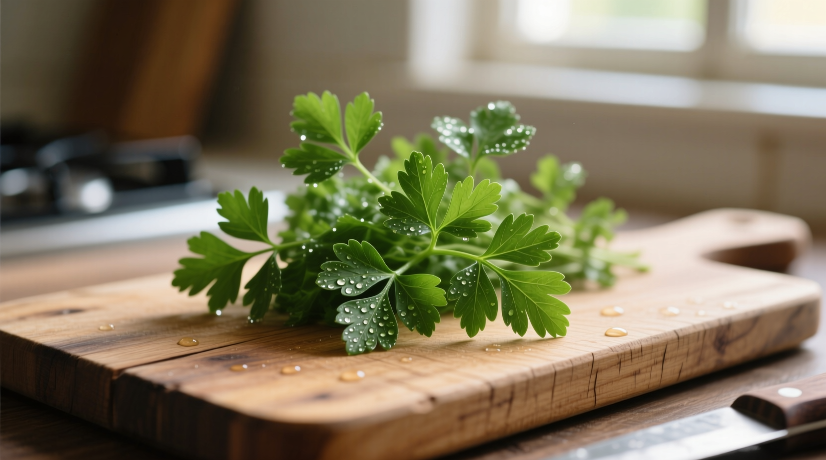Fresh parsley leaves on wooden cutting board