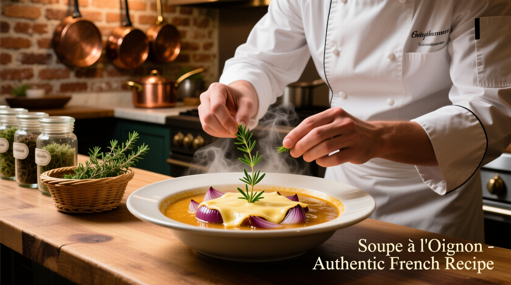 Chef garnishing French onion soup with fresh thyme