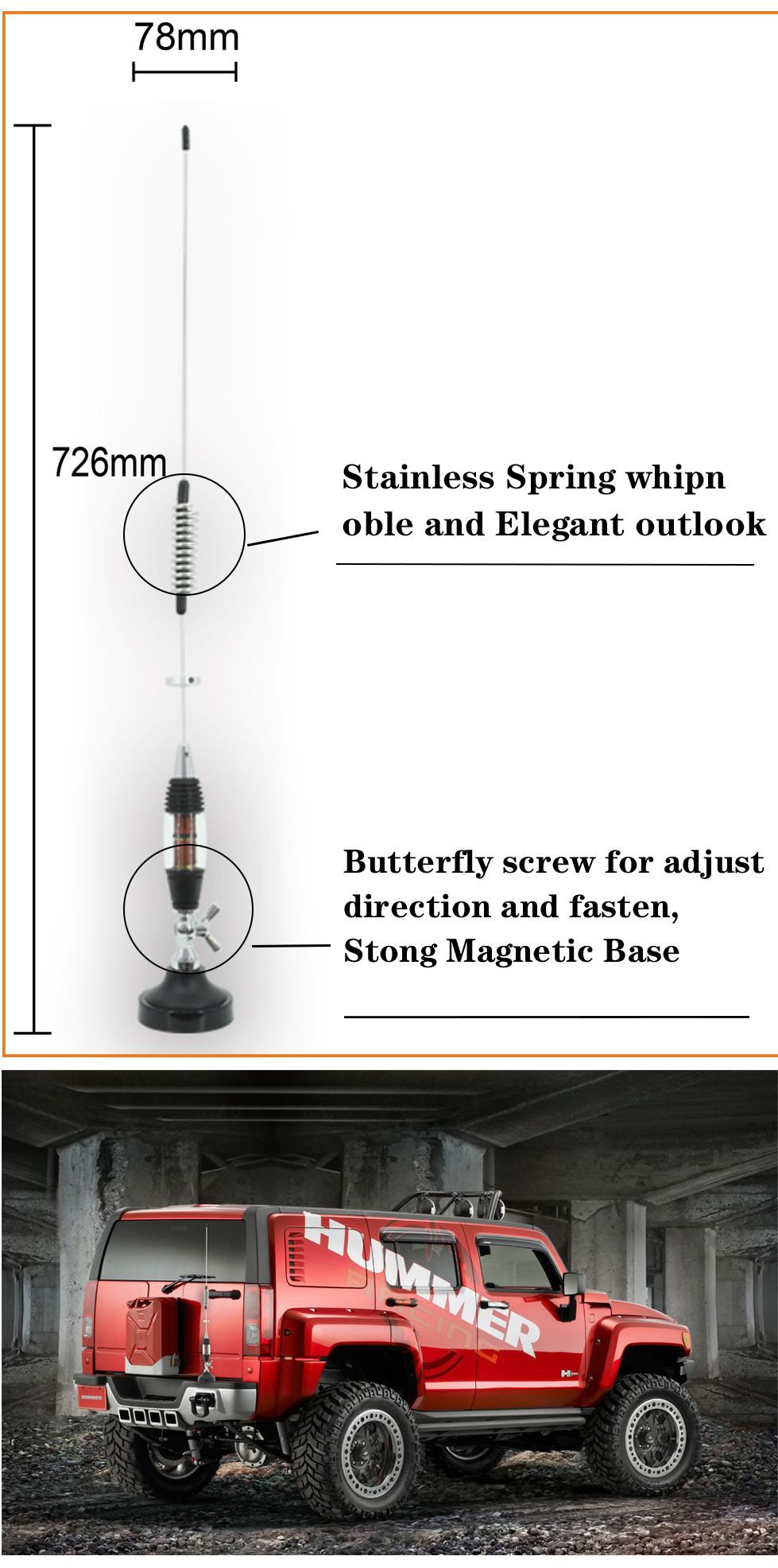 300W 28MHz Outdoor Rubber Whip Spring Base CB Antenna For Car