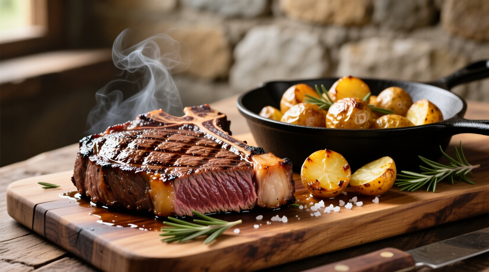 Perfectly seared ribeye steak with golden roasted potatoes